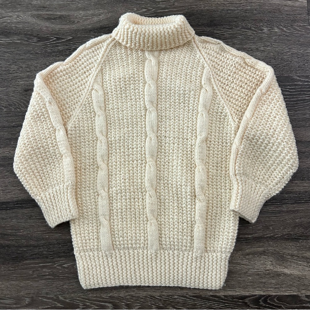 Vintage Hand Knit Chunky Pullover Sweater Women’s L Turtleneck Cream Fisherman